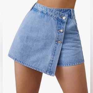 Casual Wrap Button Front Asymmetircal Jean Denim Skort